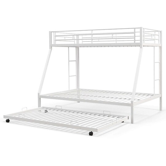 Costway Twin Over Full Metal Slats Bunk Bed Frame with Trundle, Guard Rail & Ladders White/Black